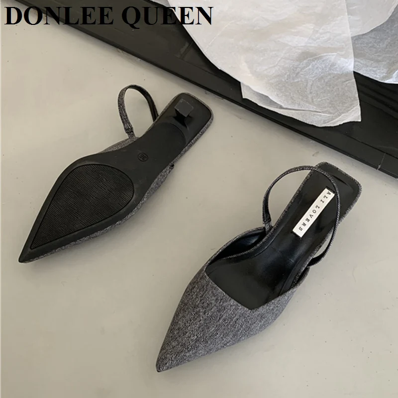 Fashion Brand Slingback Sandals Women Med Heels Pumps Elegant Pointed Toe Female Mules Dress Slides Sandalias Mujer Verano Mujer