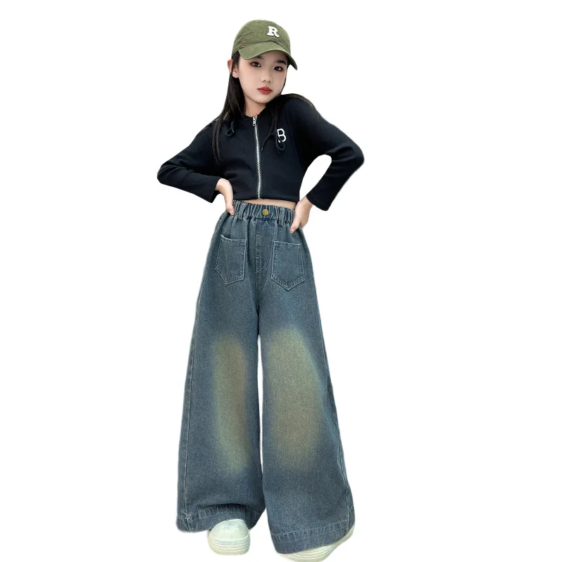 Girls Jeans Children\'s Clothing Spring Autumn Teenager Kids Denim Pants 8 10 12 13 14 Years Wide-leg Trousers School Girls Jeans