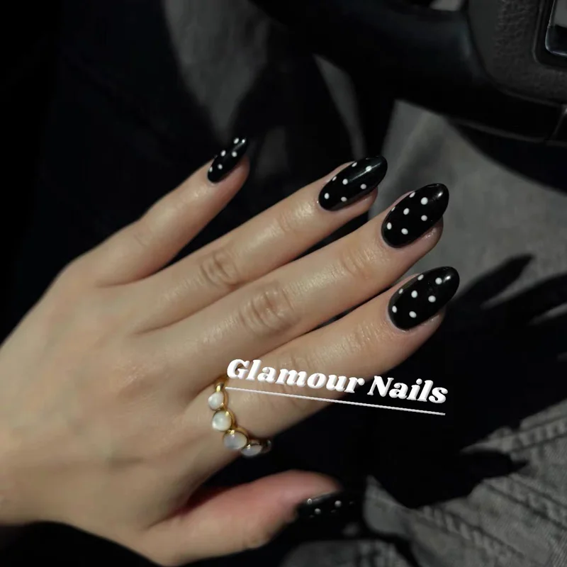 10Pcs Handmade Press on Nails Black Almond Arcylic Fake Nails White Polka Dot Reusable Press Ons Cool Artificial Tips Kit Flower