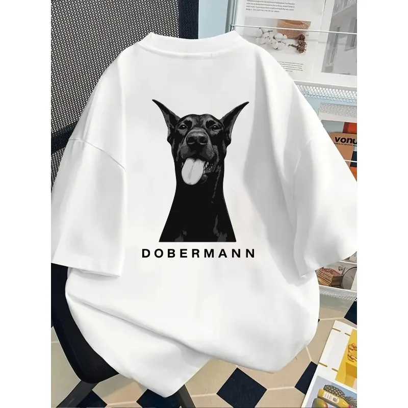 Women Short-Sleeve T-Shirt with Front and Back Panels Doberman Illustration Women Four-Season Comfortable Fashion Print T-Shirt