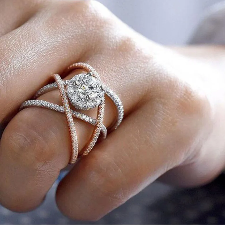 S925 Sterling Silver 925 Hot Sale New Style Rose Gold Two Tone Lady Ring Creative Cross Inlaid Zircon Engagement Finger Band 