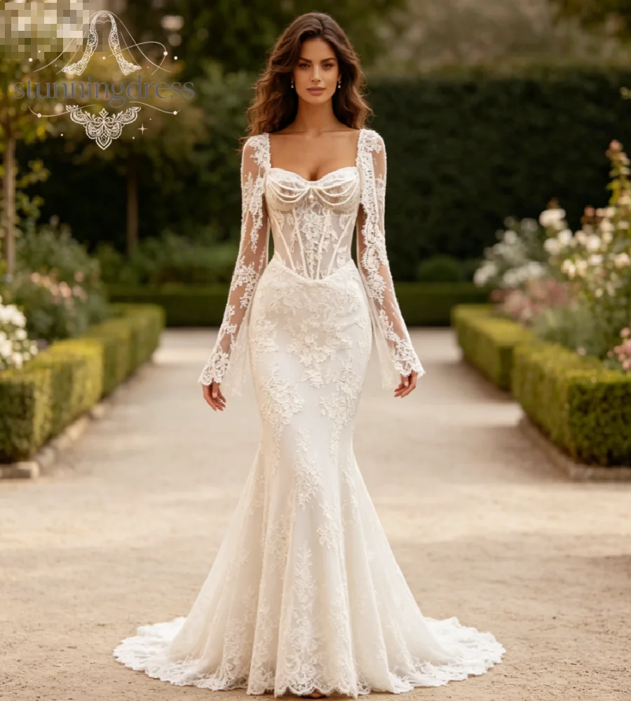 Vintage Basque Waist Mermaid Wedding Dress 2026 Long Sleeve Rustic Garden Bridal Gowns Beaded Lace Boho Fitted Trumpet Chapel