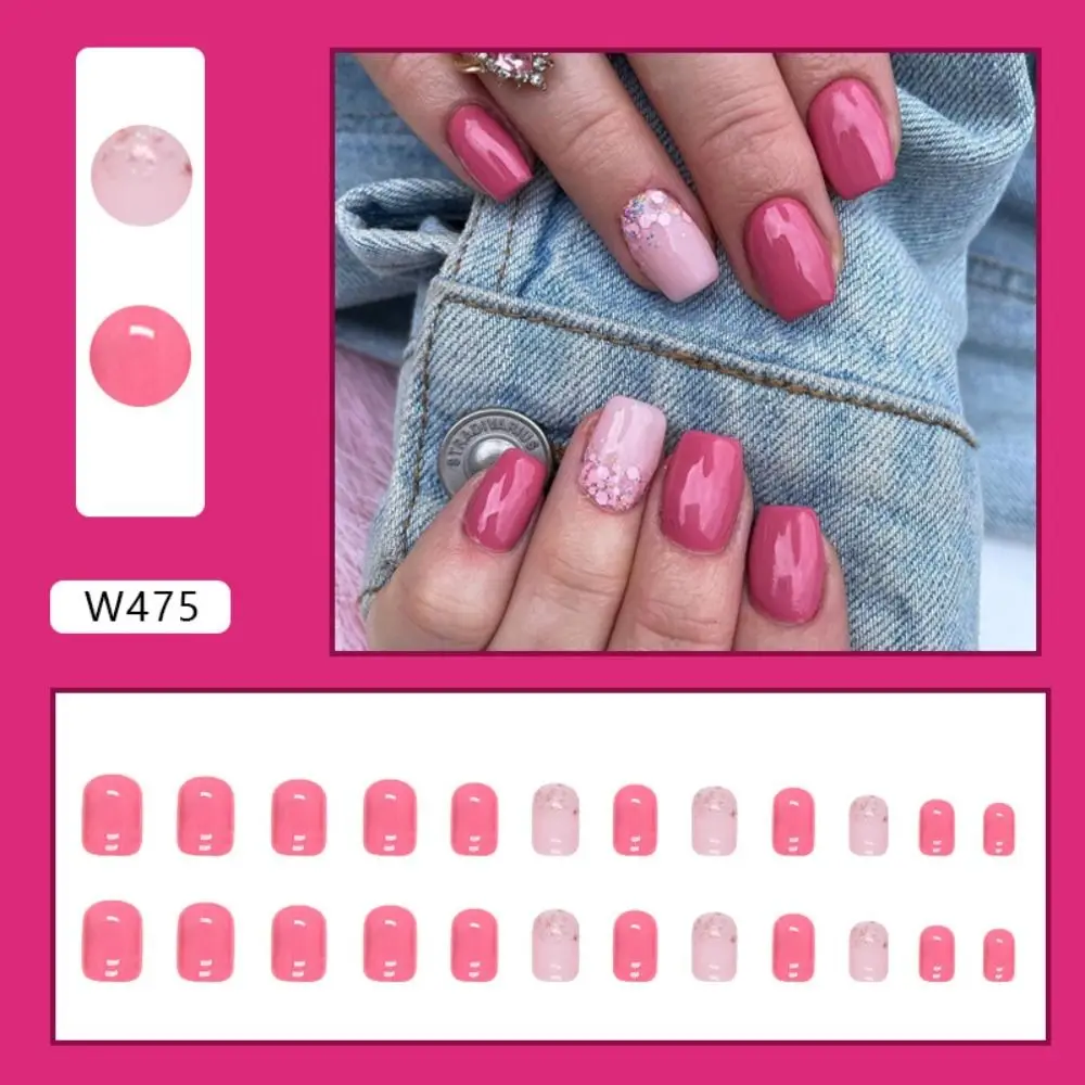 24pcs Manicure DIY Press on Nails False Nails French Short Round Pink