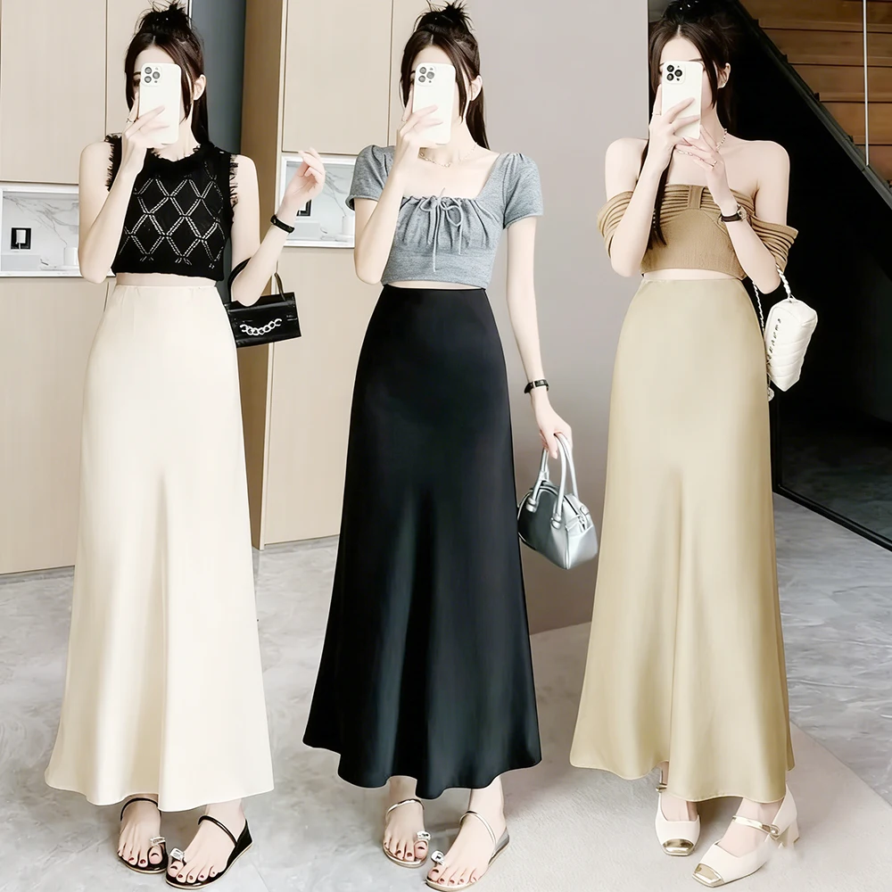 Acetic Satin Fishtail Skirt Woman Korean Fashion Elastic High Waist Skirts for Women Spring/Summer 2024 New Chic Lady Skirts