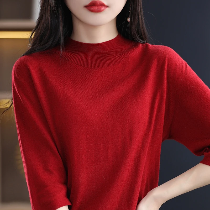 

Autumn Women knitting Seamless Saddle Shoulder Pullover Silk Wool Blend Sweater Half Height Half Sleeve High quality Loose Tops