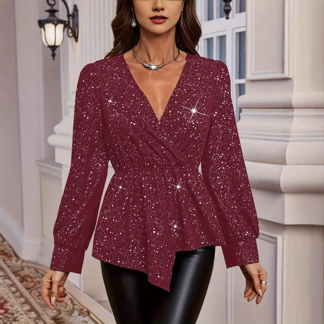 

Mia Muse Boutique Women's Blouses Autumn 2025 Elegant Fashion Plain Sequins Long Sleeve V-Neck Flowy Hem Blouses