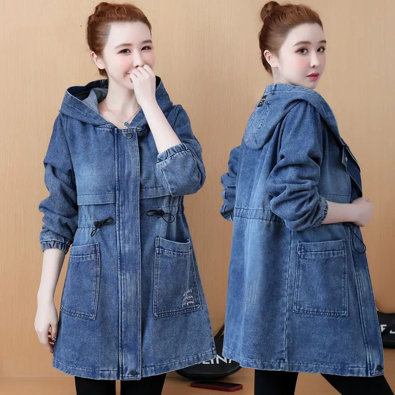 2023 Spring Autumn New Hooded Denim Jacket Women\'s Outerwear Loose Vintage Cowboy Windbreaker Coat Female Mid Long Jeans Outcoat