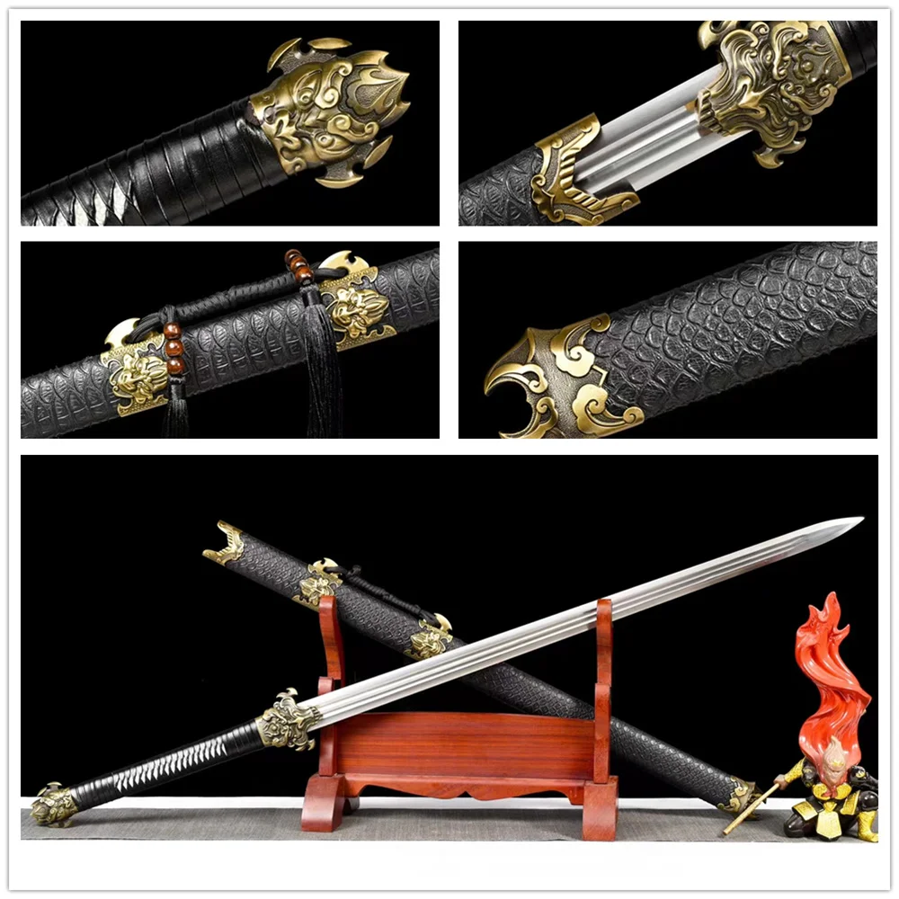 Exquisite China Sword Battle Jian Martial Art High Carbon Steel Blade Leather Wrap Hardwood Sheath Saya Alloy Fittings Full Tang