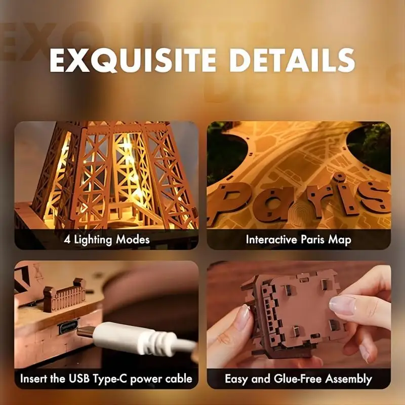 3D Puzzle for Adults DIY Model Building Kit with LED Light Wooden Eiffel Tower Craft Kit Architecture Toy Set Brain Teaser Gifts