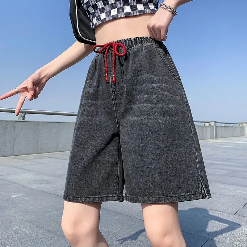 夏の新ストリートジーンズショートパンツ女性ミディハーフレングスデニムショートパンツレディースルーズワイドレッグショートファムパンツ