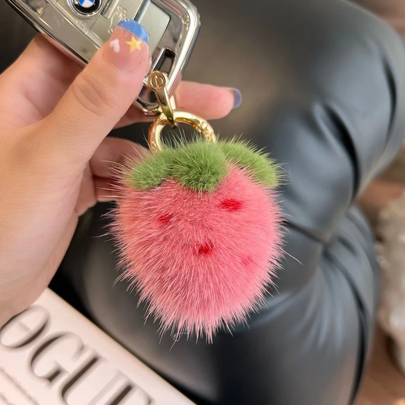 Mini schattige echte nertsbont kleine aardbei auto sleutelhanger hanger pluche bal tas decoratie