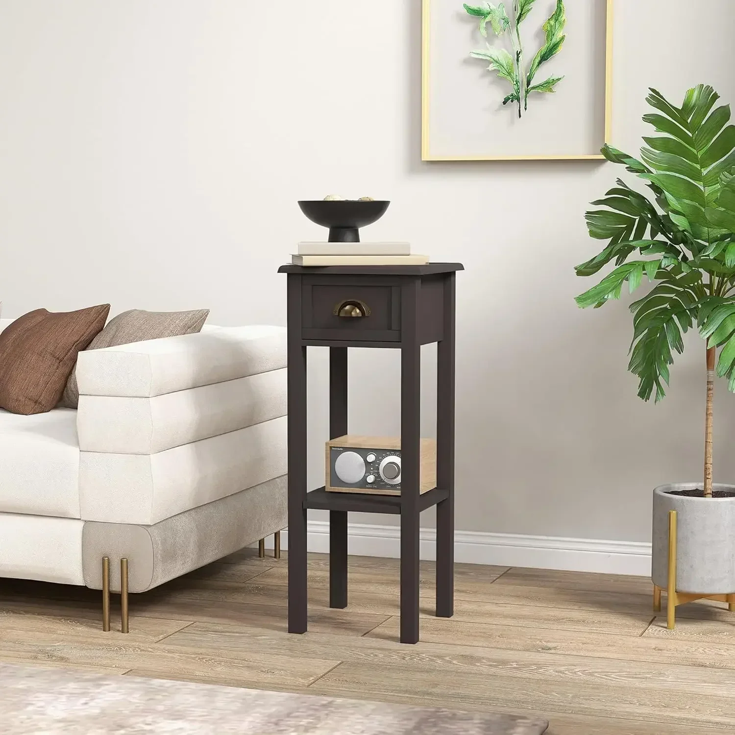 2-Tier Side Table with Drawer, Narrow End Table with Bottom Shelf, for Living Room, Set of 1, Coffee