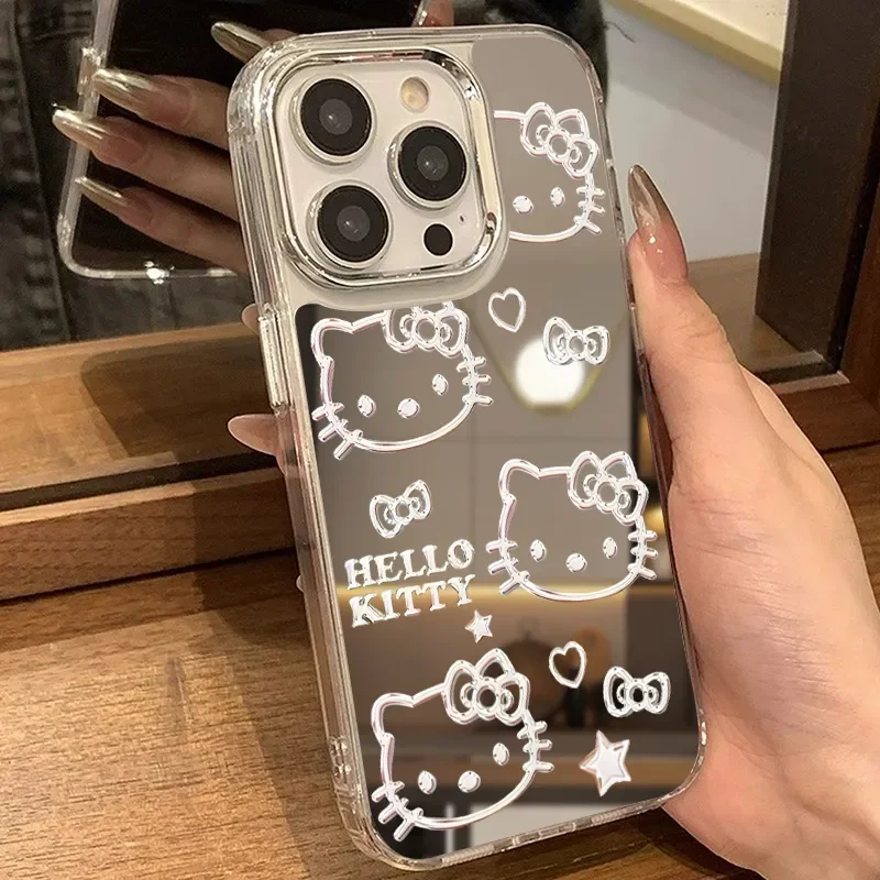 Silver Line Full Screen HELLO Kitty Makeup Mirror Phone Case For iPhone 16 15 14 13 12 11 Pro Max XR XS MAX 7 8 PLUS Y2K Cover