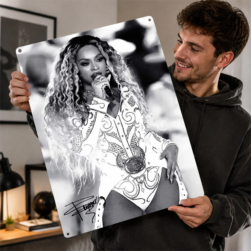 Beyoncé Monochrome Stage Portrait Textured Poster Personalized Aluminum Metal Sign Pop Star Tribute Wall Art For Bedroom Decor