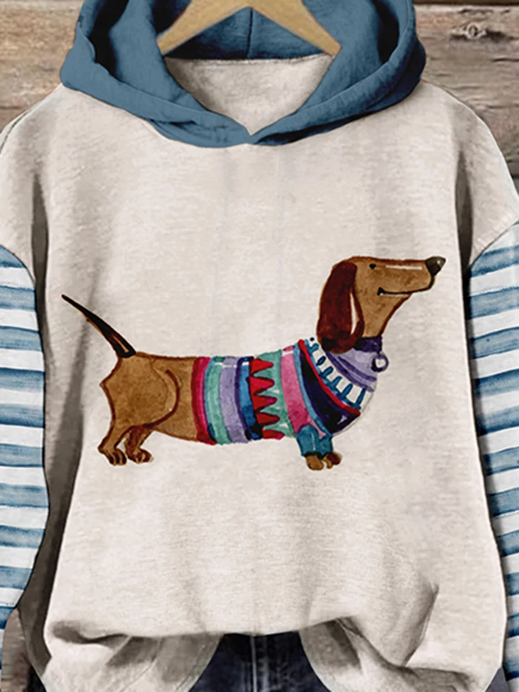 Women\'s Kawaii Watercolor Hoodie Dachshund Print Striped Sleeves Spring Autumn Winter Warm Casual Fashion Sweatshirt