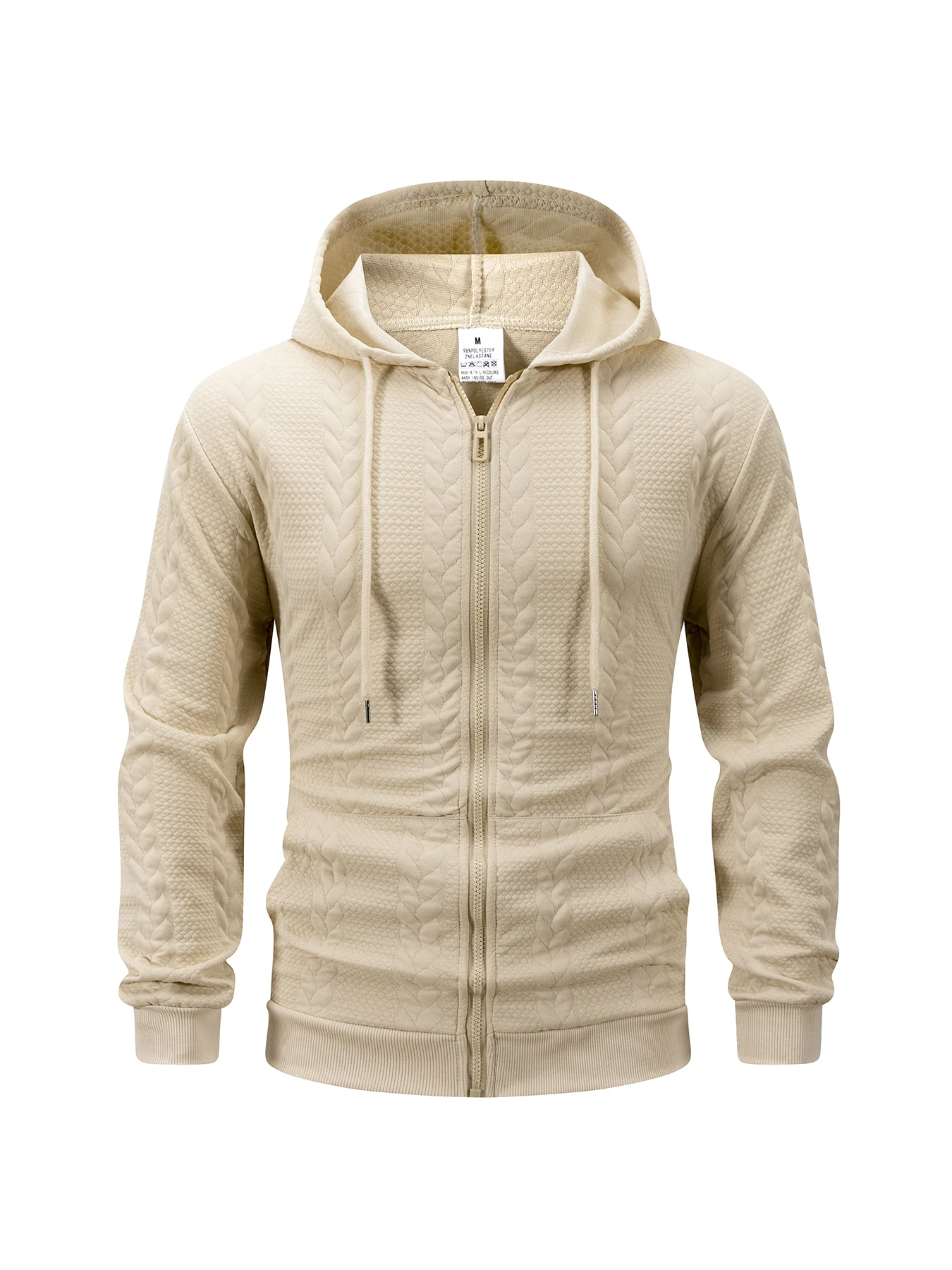 Men Cable‑Knit Jacquard Full Zip Hoodie Drawstring Casual Solid Color Zip‑Up Sweatshirt Streetwear Jacket Outerwear