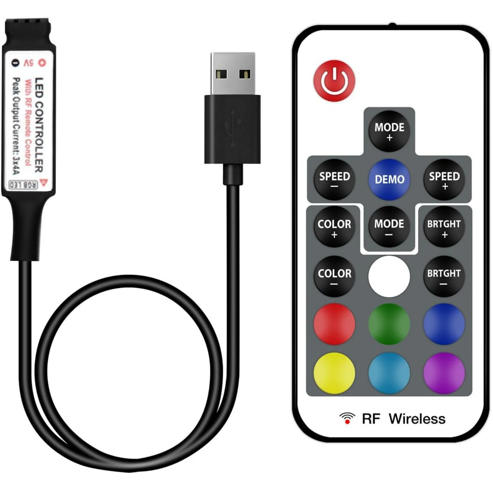 DC5V 433MHz RF LED Controller 3x4A 17-Key Remote Adjustable Brightness Speed Flash Mode Dynamic Ultra Slim