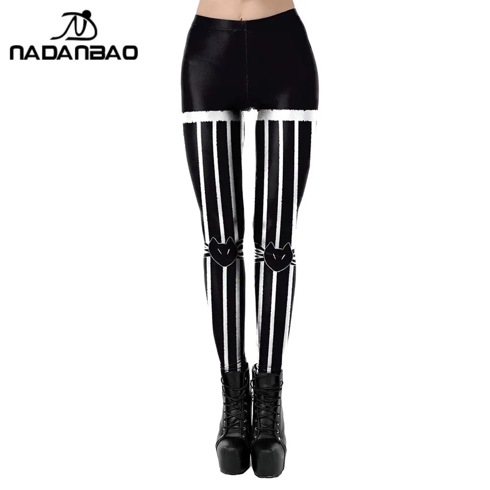 Nadanbao-mallas de Halloween para mujer, pantalones con estampado a rayas, elásticos, color negro