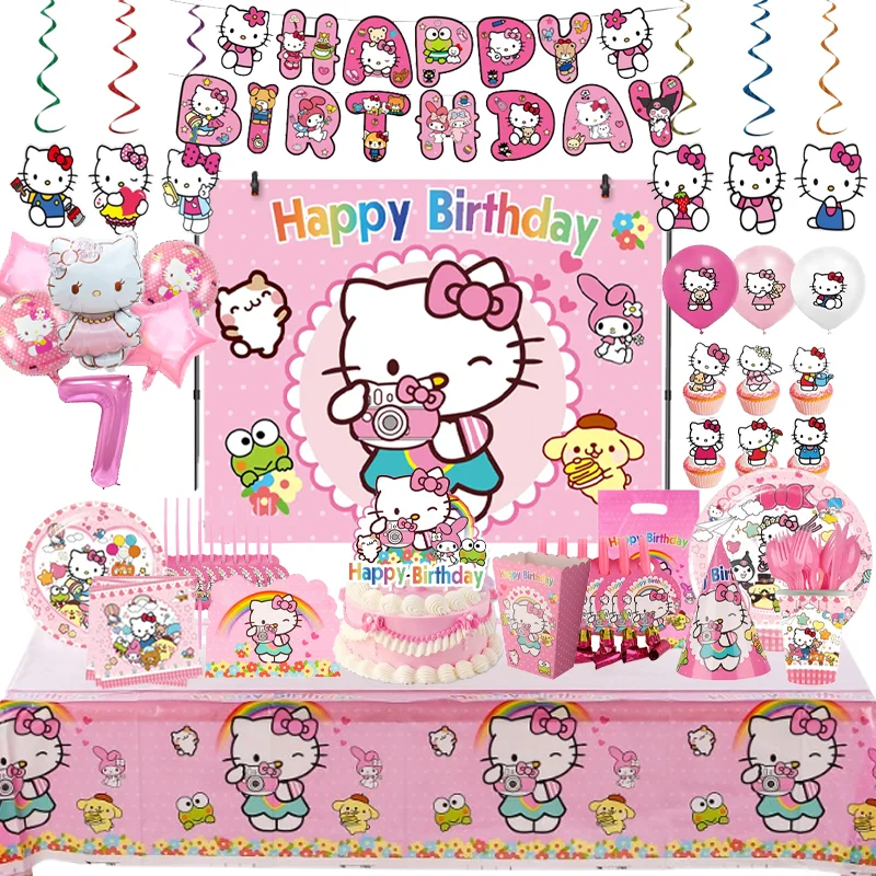 

Hello Kitty Girls Birthday Venue Decoration Props Baby Shower Decorations Disposable Cutlery Balloon Set Party Decoration Gifts