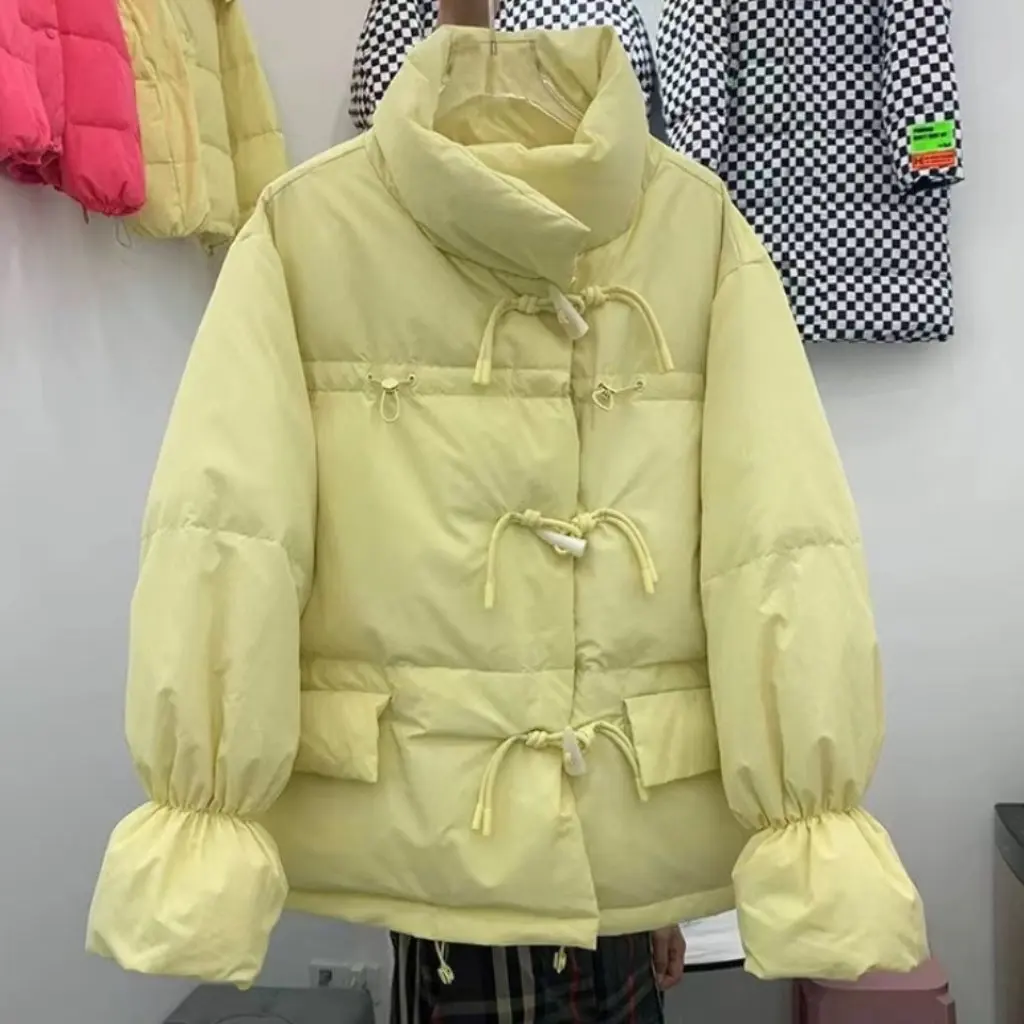 

Women's Stand Collar Pure Color Warm Cotton Outwear Korean Style Loose Casual Fashion Winter Bread Coat with Horn Buttons