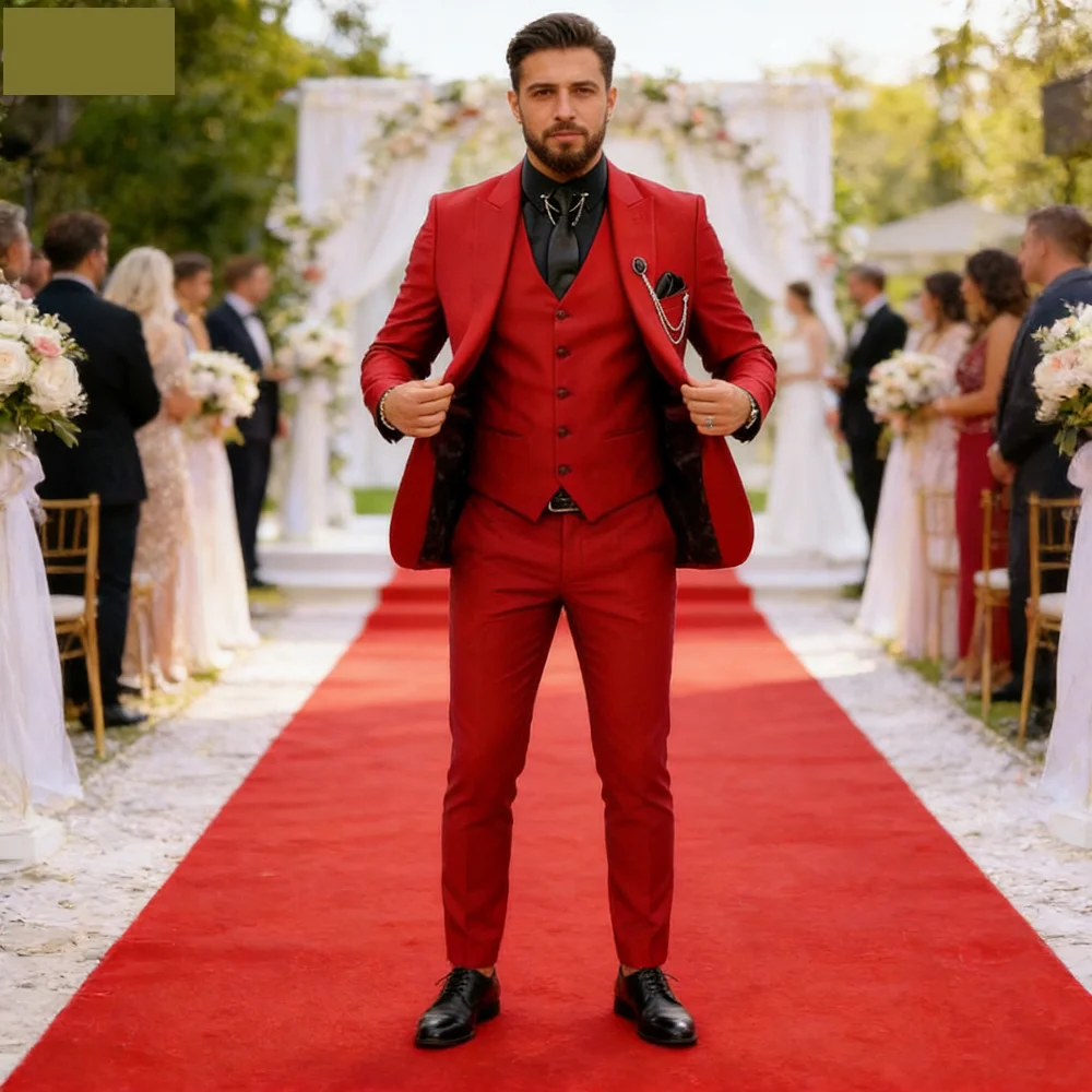 

Elegant Wedding 3 Piece Luxury Men's Suit Set - Single Breasted Peak Lapel Jacket Pants Vest Business Male Clothing