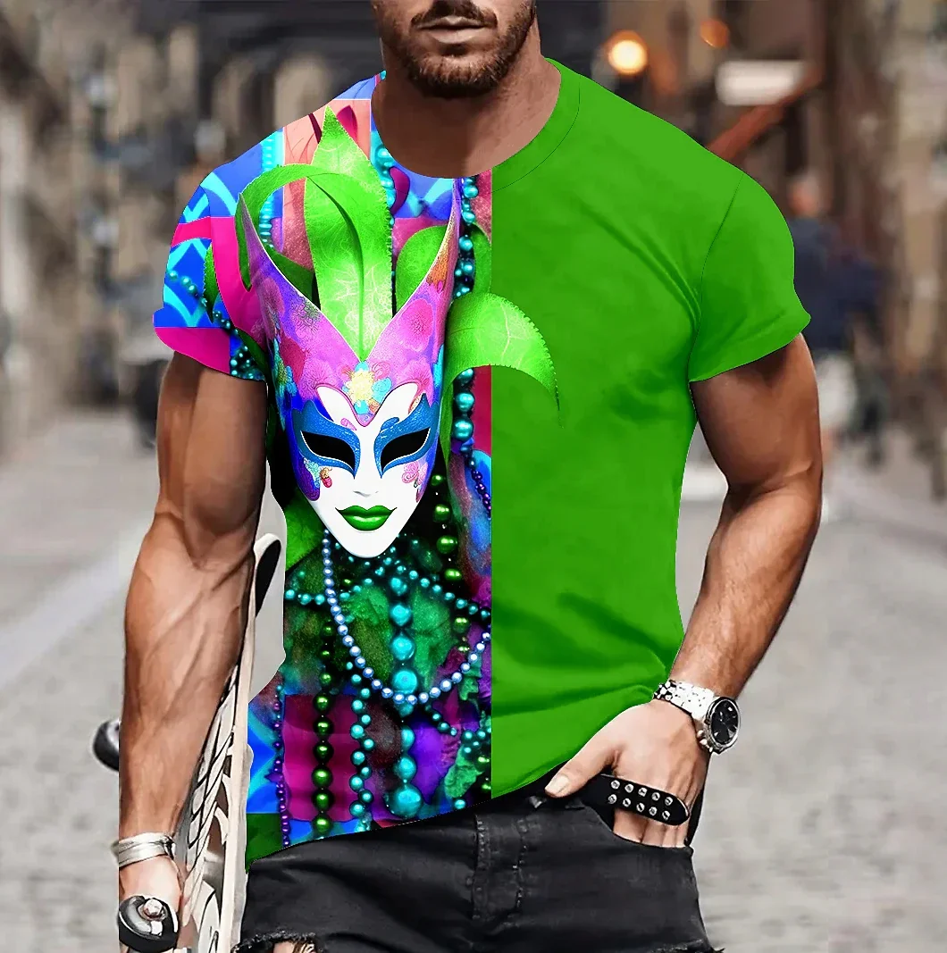 Mask Print Men's T-shirt Carnival Art Men's Top Retro T-shirt Summer Leisure Short sleeved T-shirt Harajuku Men's Pullover Large