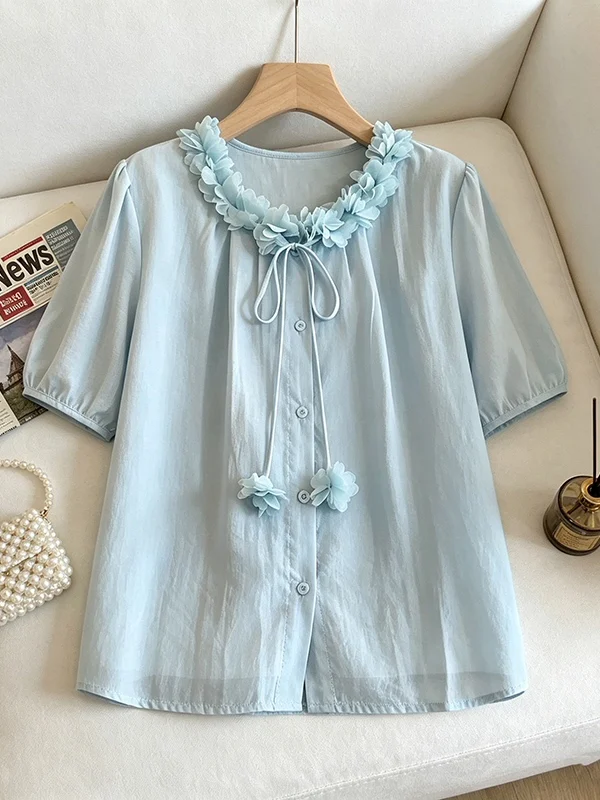 

Loose Blue Floral Print Shirt Women's Summer New Style Korean Version Big Size Short Sleeve Tie Waist Young Looking Top