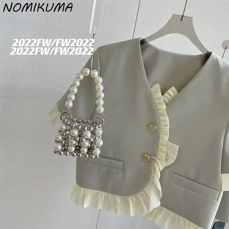 Nomikuma 2023 Summer Women Sets Sweet Ruffle Hit Color Patchwork Short Sleeve V-neck Tops + High Waist Causal Mini Pleated Skirt