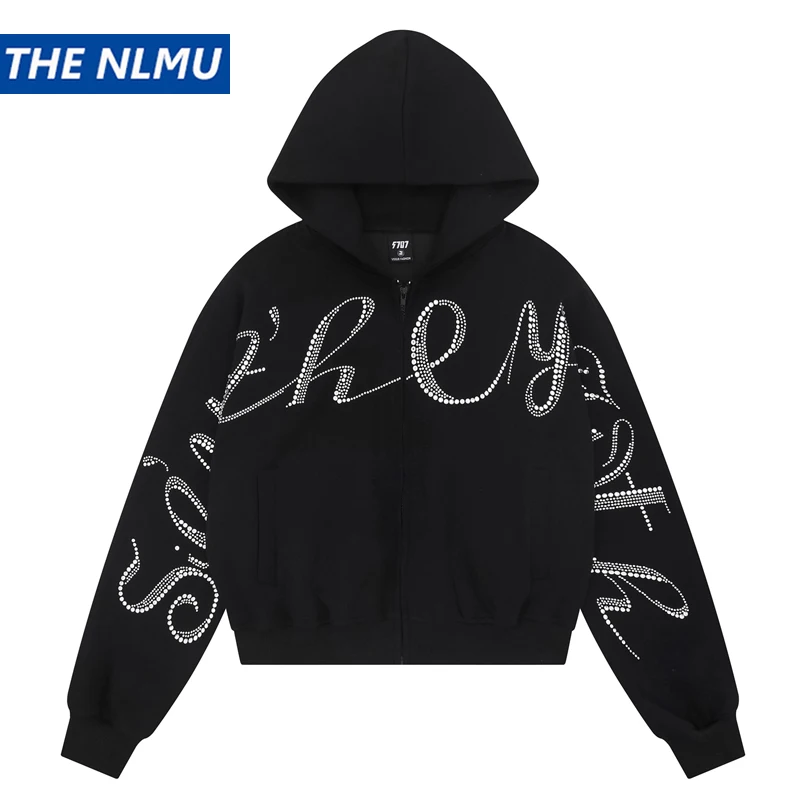 

2025 New Fall Zip Up Hoodie Unisex Sweatshirt with Rhinestone Casual Loose Pullover Streetwear Hooded Sweater