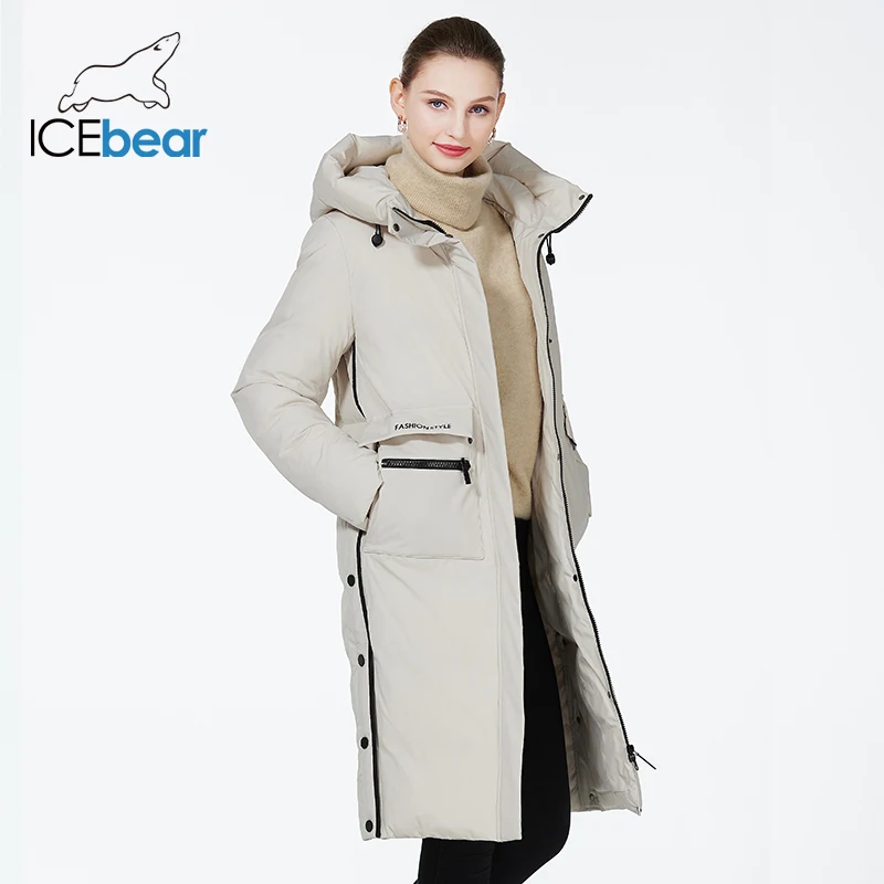 ICEbear 2023 Winter Women Jacket Long Cotton Big Pockets Ladies Windproof Coat Women\'s Thickened Warm Parka GWD22578-1D