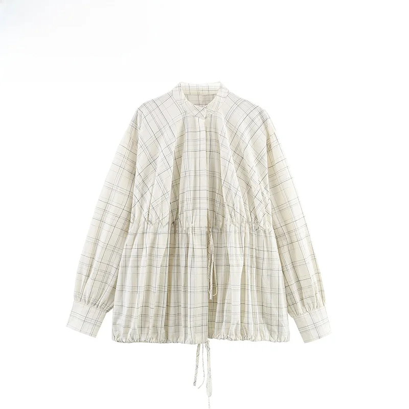 ZBZA printemps nouveau femmes Faion Plaid pilote Sle irt Jaet coupe ample longue Sve rond Ne Polyester décontracté irt