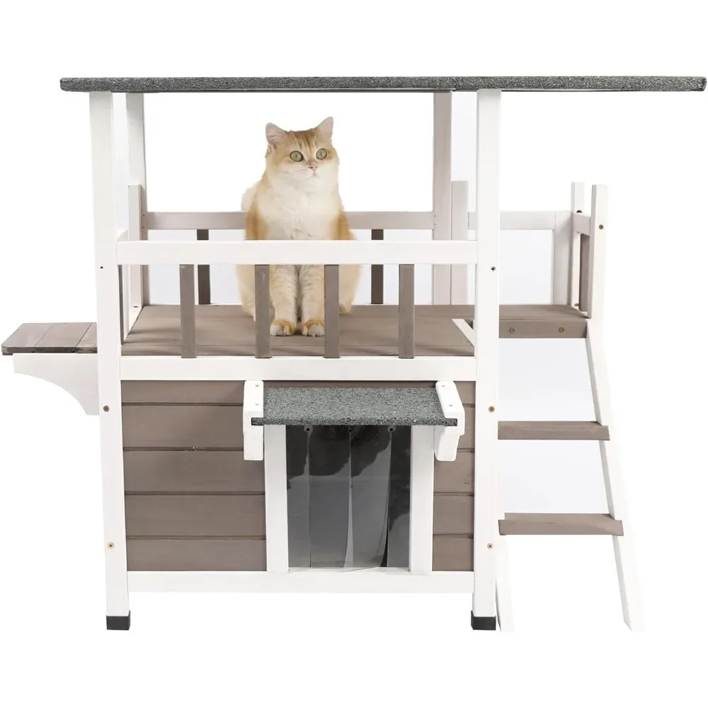 

Outdoor Cat House Weatherproof - Two Story Wooden Cat Shelter Outside Feral Cat House with Climbing Ladder, Rain Curtain