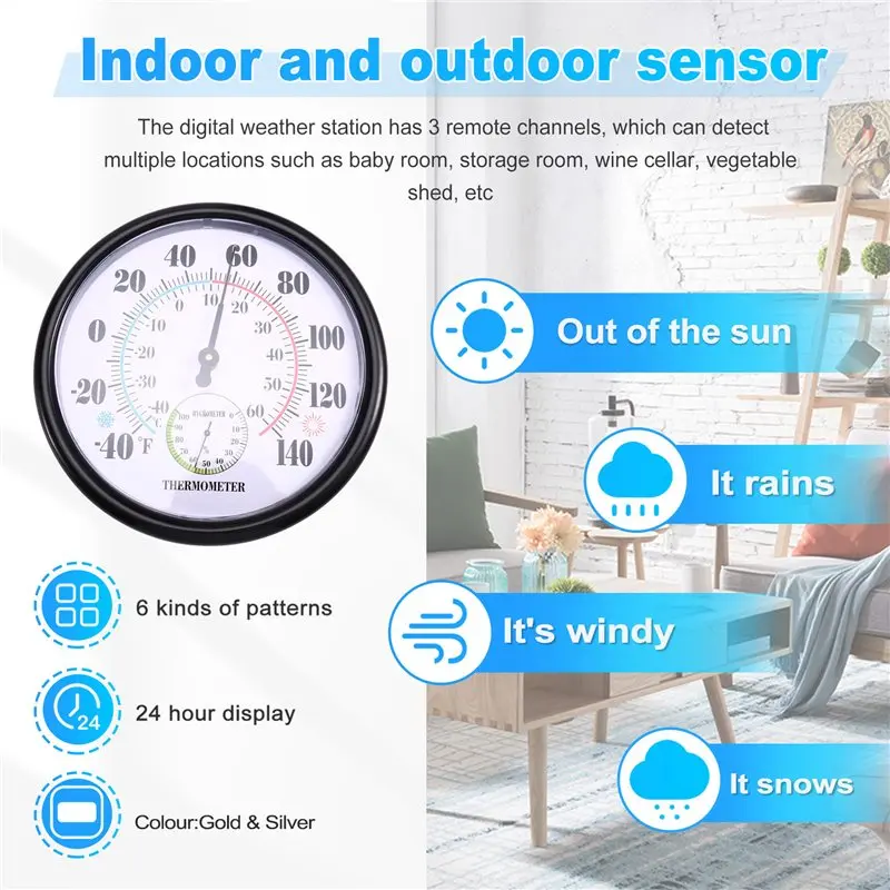 ABGH-مقياس الرطوبة التناظري الكبير 10 بوصة،-40 °   F إلى 140 °   F، مقياس حرارة داخلي وخارجي، قرص دائري سهل القراءة