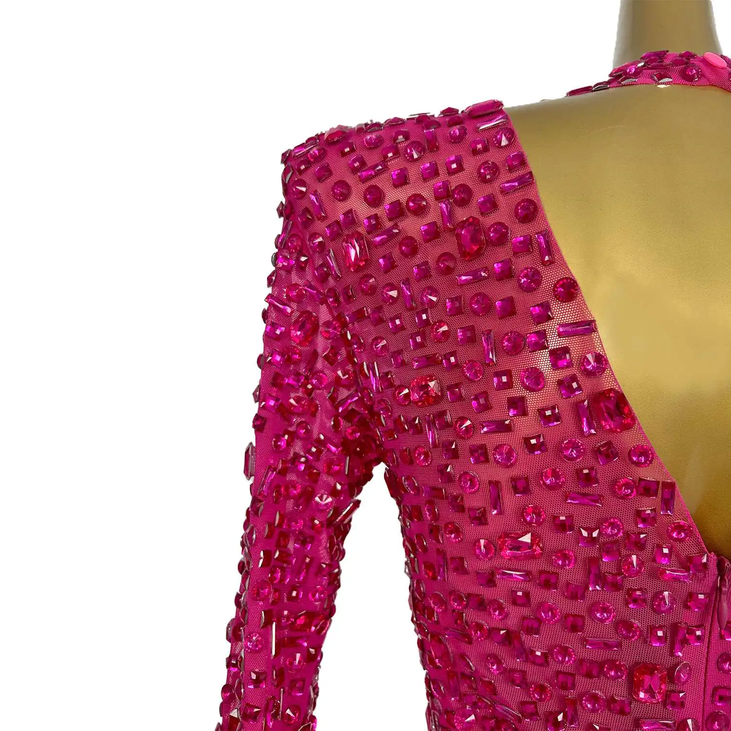 

Sparkly Diamonds Long Sleeve Dress Women Evening Prom Birthday Dress Sexy Transparent Performance Costume Stage Wear Meihongbei