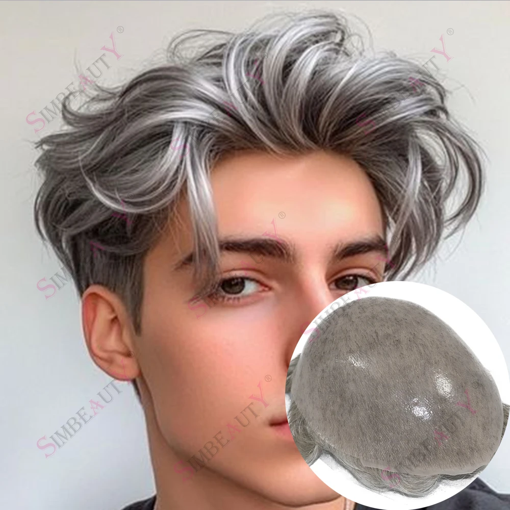 

Натуральная линия волос 0,06 мм, супер прочный, ультратонкая кожа, невидимый мужской парик, омбре, блондинка, серый, мужские человеческие волосы, капиллярная прокладка