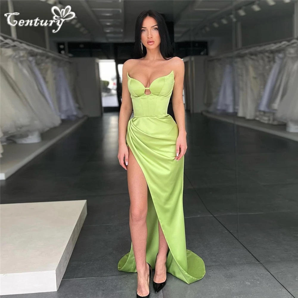 

Mint Green Prom Dress Long Strapless HIgh Slit Pleats Satin Simple Evening Party Gowns Mermaid Formal Dresses Customized