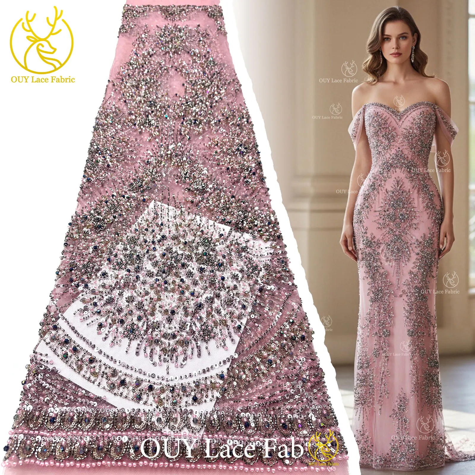 

Elegant and Gorgeous African Beaded Lace Fabric 2026 High-Quality French Sequins Lace Fabric for Women's Party Evening Gowns