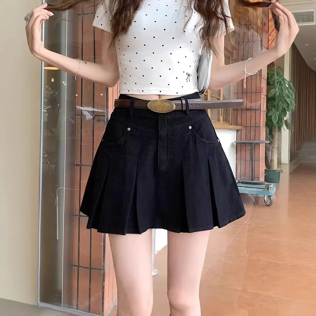 American Style Grey High-Waisted Petite A- Line Skirt Black Denim Short Skirt Trendy Summer Style For Women