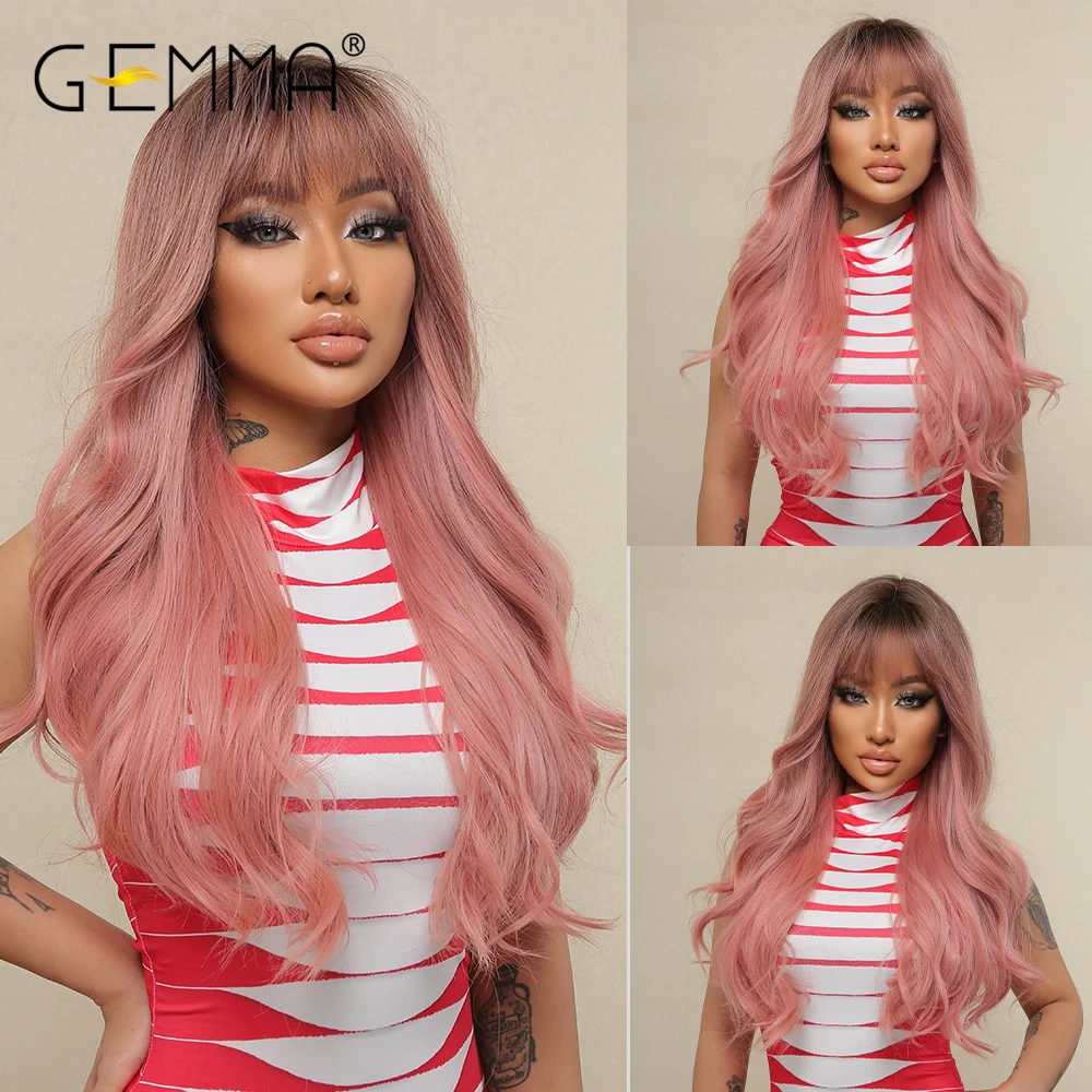 GEMMA Long Wavy Pink Synthetic Wigs with Bangs for Women Natural Wave Wigs with Dark Roots Heat Resistant Cosplay Fake Hair