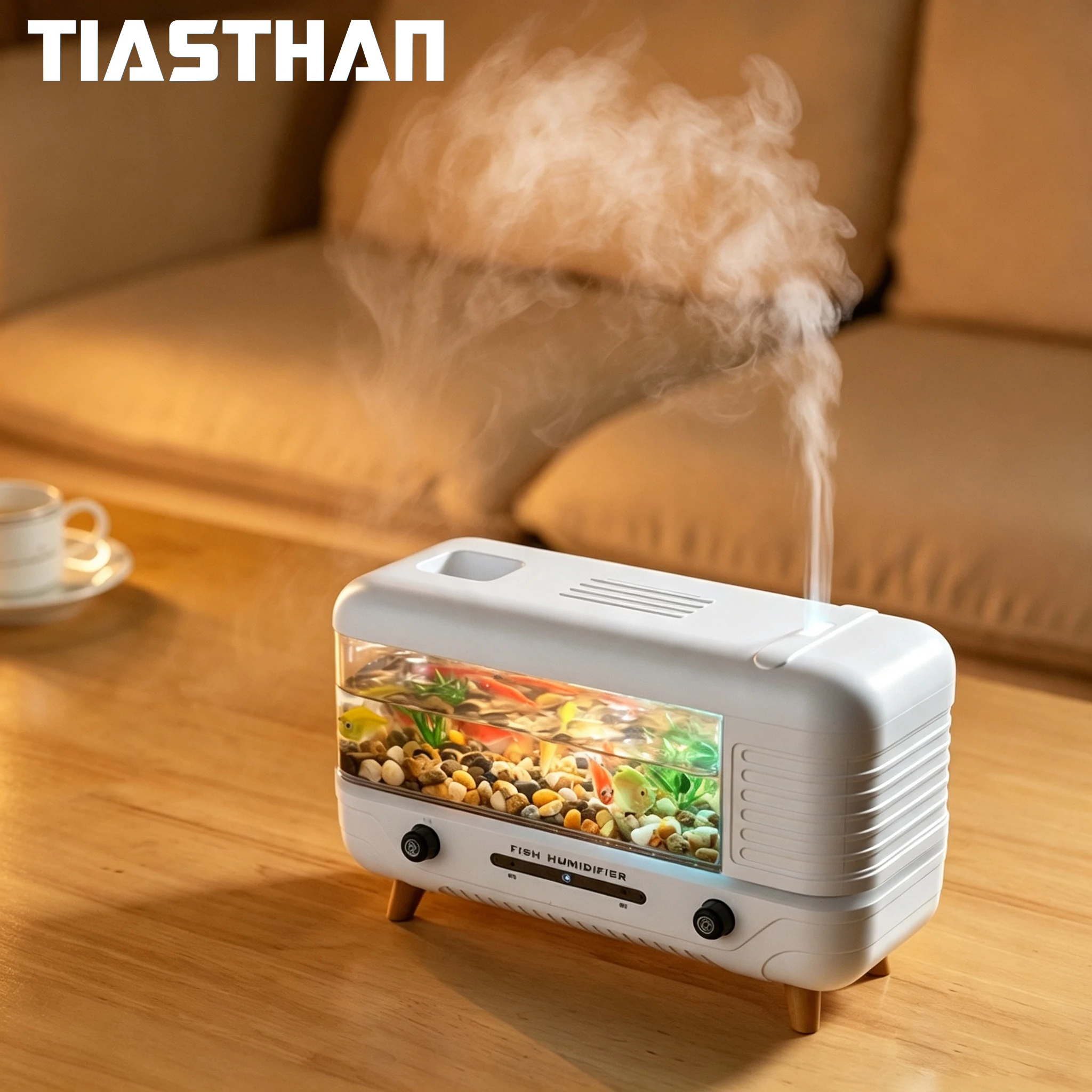 Fish Tank Shaped Ultrasonic Humidifier Multifunctional Aroma Diffuser, Independent Double Water Tank for Bedroom Living Room