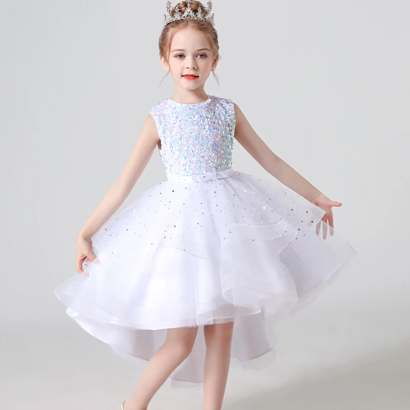 2023 Hot style Summer Sequin Lace Tuxedo Wedding Dress for girls 3-13 years old Sleeveless fluffy Mesh gauze Doveark brand