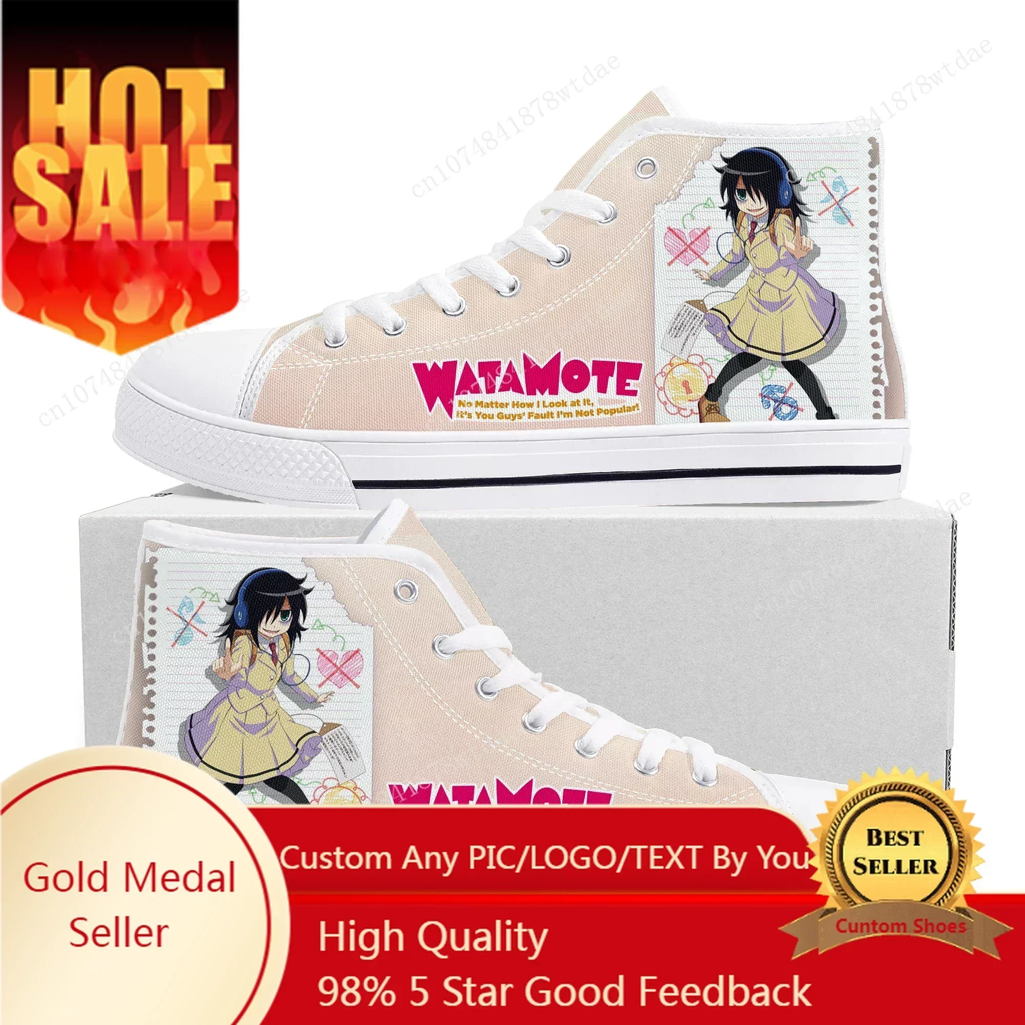 Watamote Kuroki Tomoko High Top Sneakers Mens Womens High Quality Canvas Sneaker Comics Manga Couple Customized Shoes