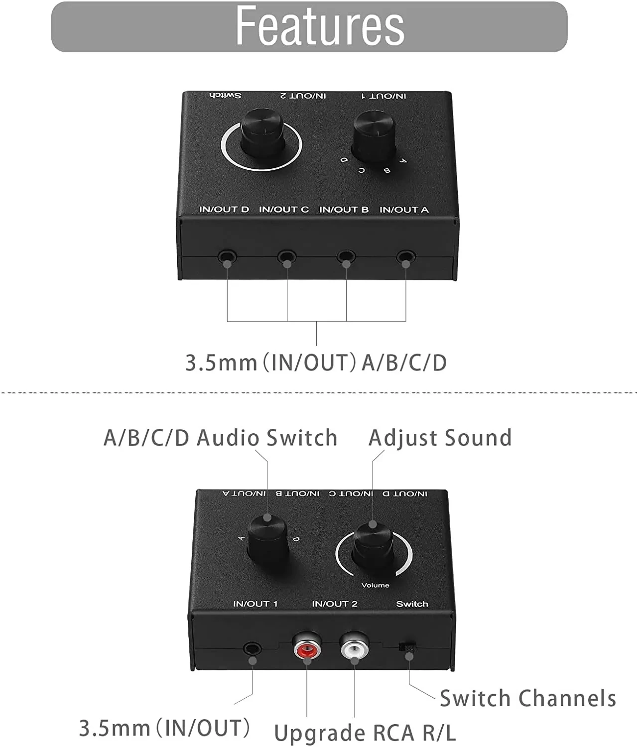 Dwukierunkowy 3.5mm Stereo Audio przejsciówka dwukierunkowy stereofoniczny przełącznik Audio 4 w 2 Out lub 2 w 4 Out z regulacją głośności