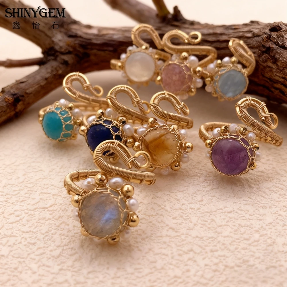 

SHINYGEM Handmade Adjustable 14K Gold Plated Wire Wrapped Natural Crystal Healing Ring - Fashionable Resizable Finger Ring