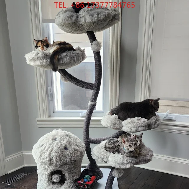 Gray Modern Wooden Floral Cat Tree Tower Multi-level Cat Scratcher Climbing Frame For Indoor Cats Christmas Home Deco