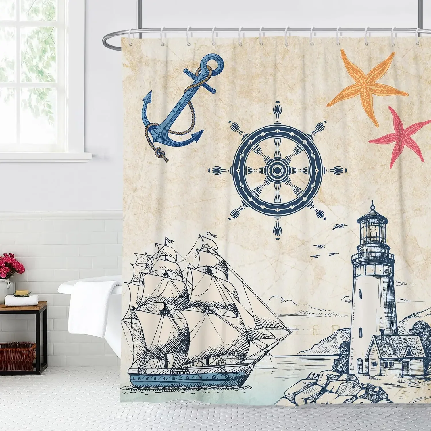 Rustic Wood Barn Anchor Starfish Lighthouse Rudder Lifebuoy Shell Coral Octopus Vintage Marine Life Theme Farbic Shower Curtain