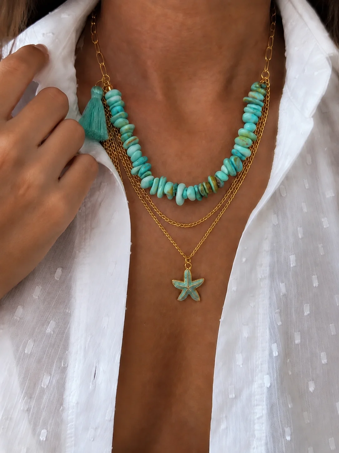 Women's Boho Layered Beaded Necklace Blue Green Chip Beads Starfish Pendant Tassel Drop Gold Tone Chain Summer Beach Statement J