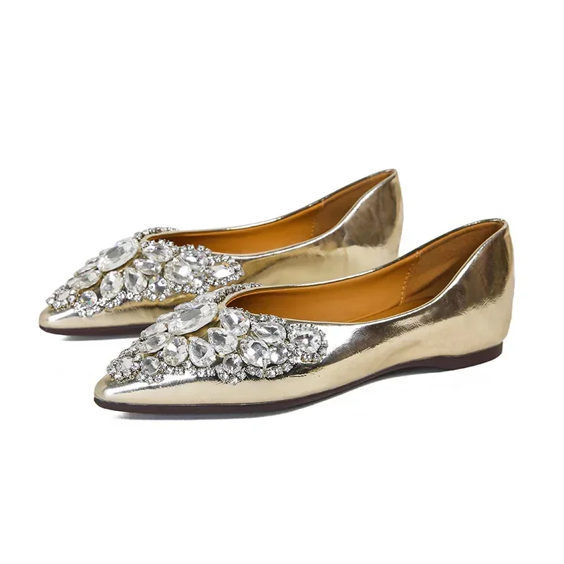 Fairy Style Pointed Crystal Rhinestone Pointed Flat Sole Single Shoe New Spring Autumn Shallow Mouth Silver Gold Women Shoes 43