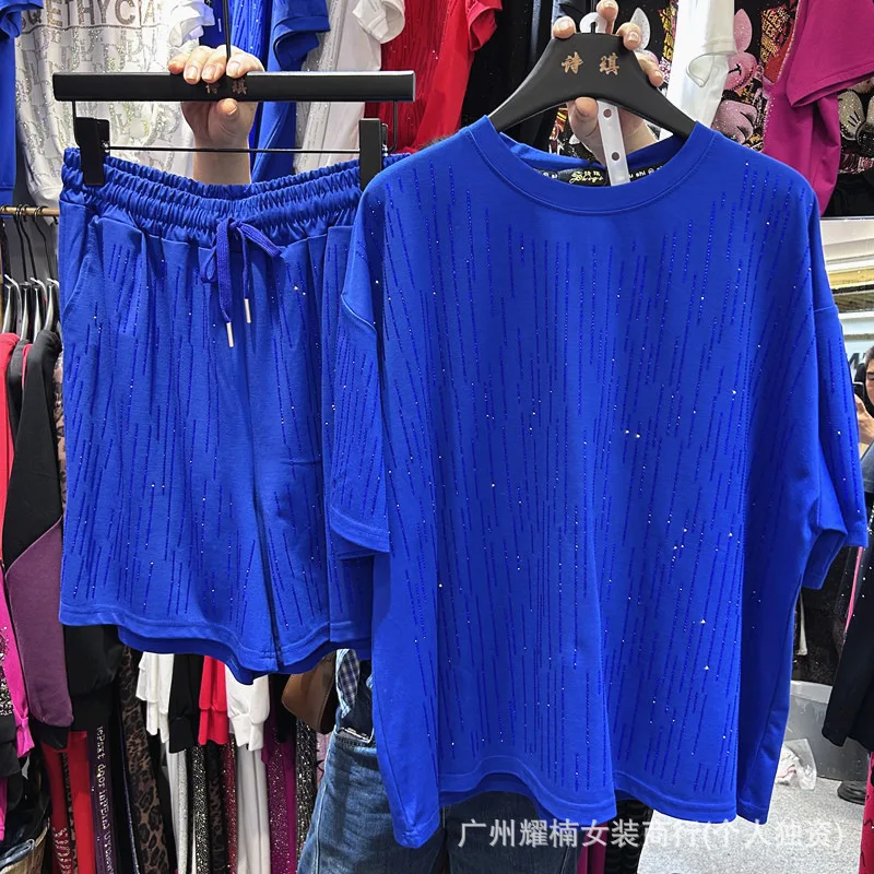 2026 New Summer Women Two-piece Set Vertical Stripes Hot Drilling Loose Short Sleeve T-shirt Top + Elastic Waist Casual Shorts