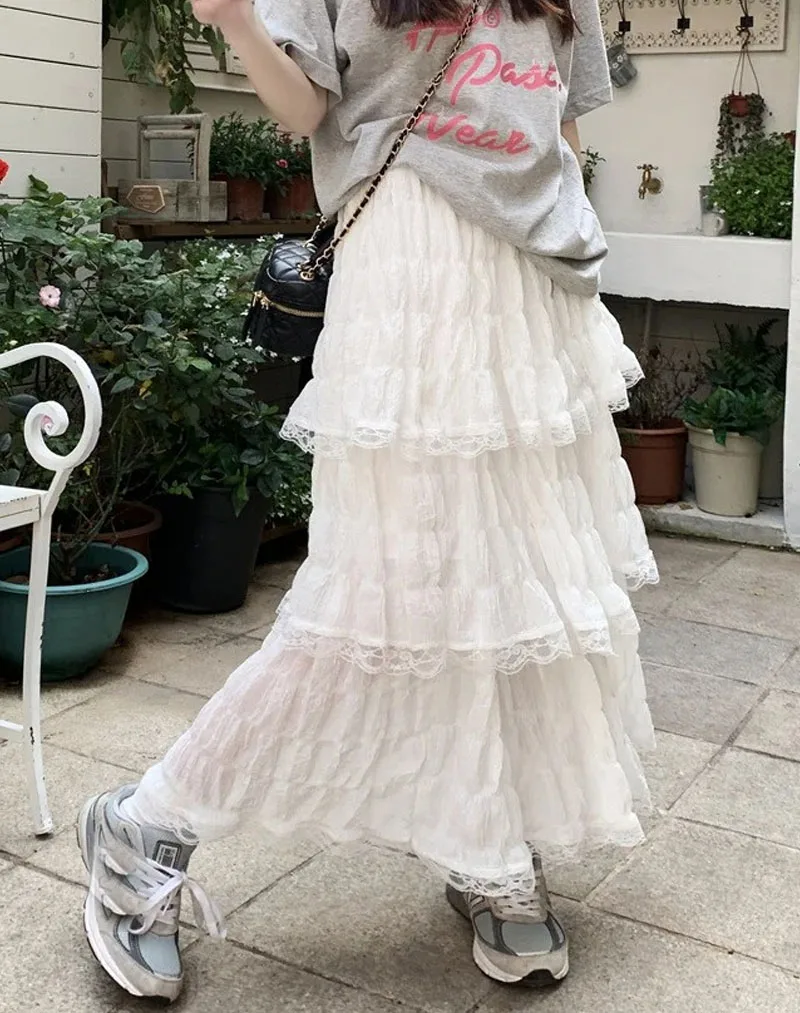 Goth Lolita Letnia Spódnica z Wysokim Stanem, Asymetryczna, Marszczona, Plisowana, Słodka Kawaii Biała Czarna Długa Spódnica Damska Koronkowa Spódnica Szydełkowa